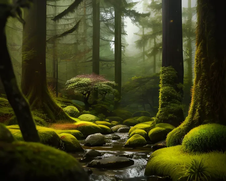 there is a stream running through a forest with moss on the ground