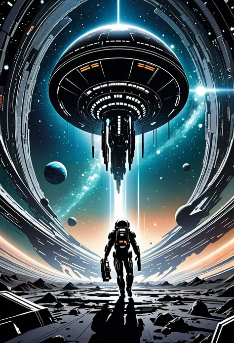 a poster of a man standing in front of a spaceship