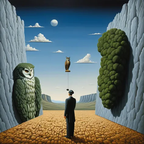 painting of a man standing in front of a wall with an owl on it