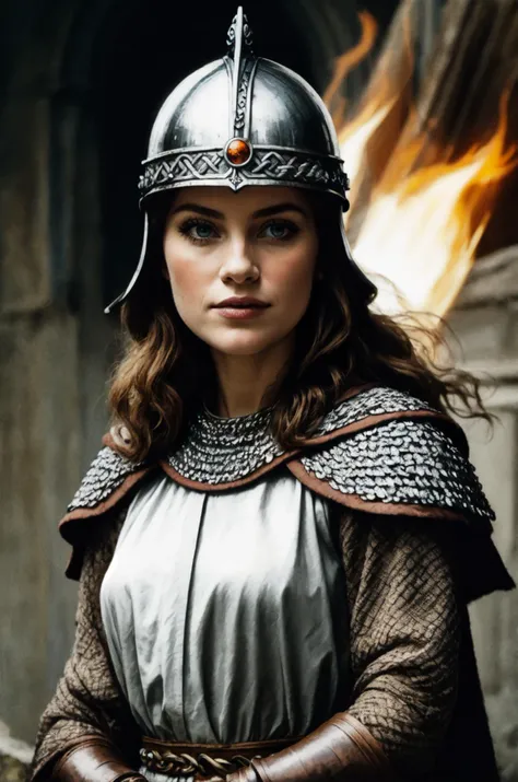 a woman in a helmet and armor standing in front of a fire