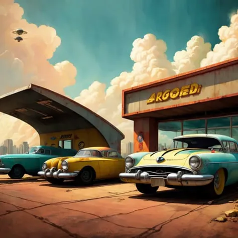 a close up of a painting of a gas station with cars parked in front of it