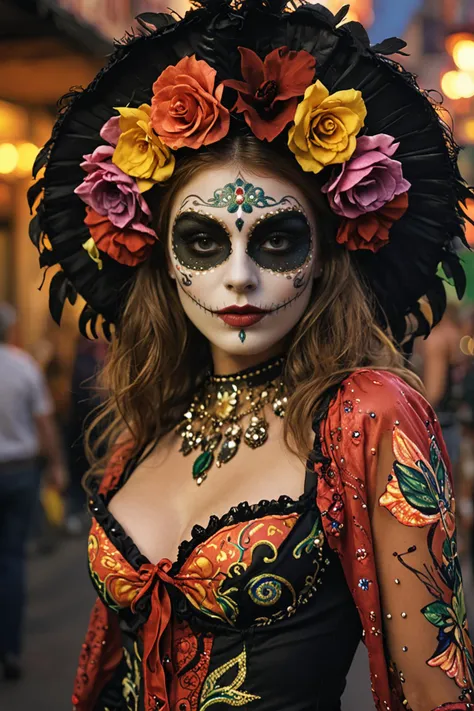 araffe woman in a costume with a flower crown and a black hat