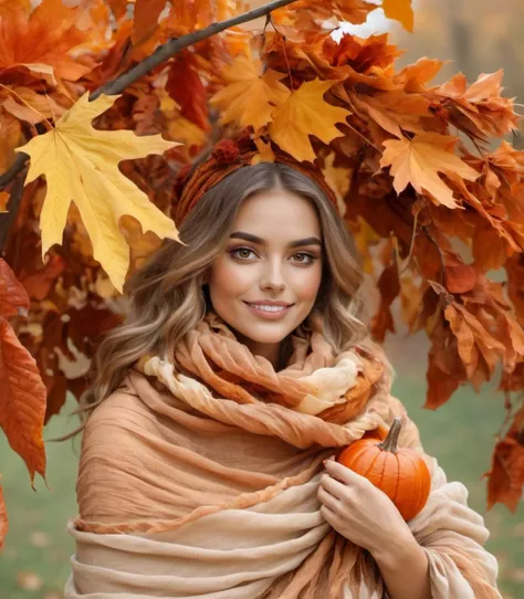 a beautiful woman, cozy autumn themed ruched, gauzy, fine and delicate, autumn colors, ruched, fall decor, autumn elements