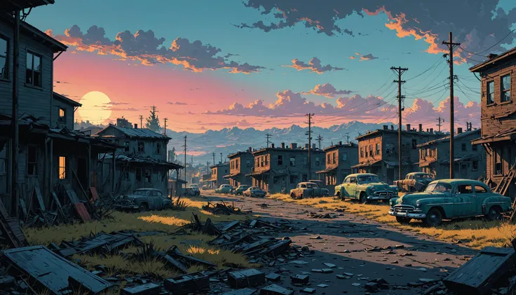 impactful color paint of post-apocalyptic world,  1950s comic book style   <lora:Modern_Cartoon_Style:0.3>,    highly detailed, ...