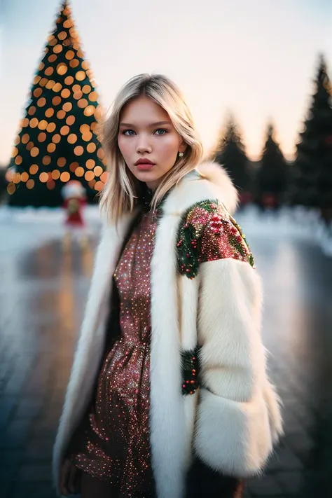 a woman in a fur coat standing in front of a christmas tree