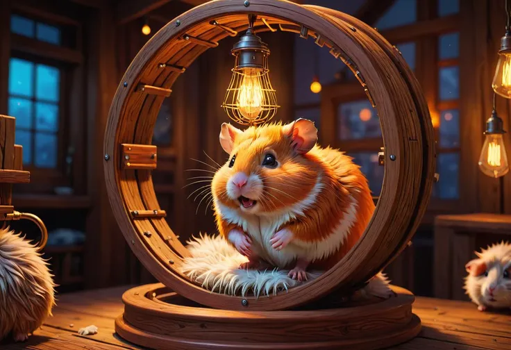 Positive prompt:
dreamscape professional 3D Model of a Hamster Running on a Wheel in its cozy wooden cage, intricately detailed ...