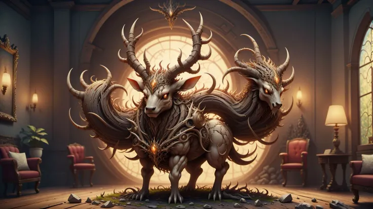 a close up of a large animal with horns in a room