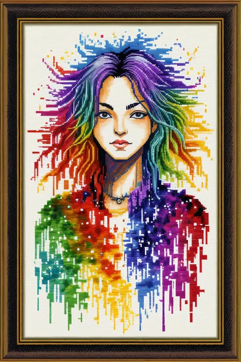 a cross stitch picture of a woman with colorful hair