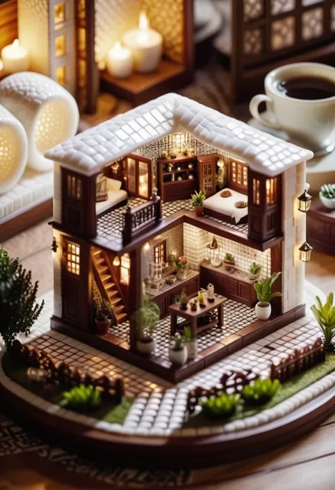 cinematic photo in a cozy living room, a miniature house inside a cozy smoothie houses a steamy microcosm. The walls are made of...