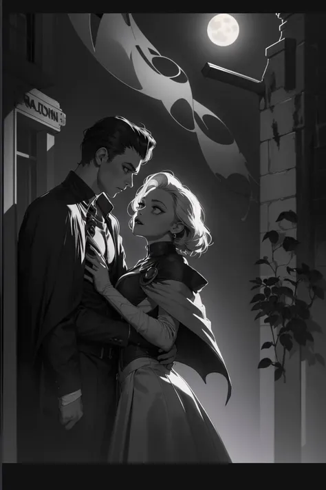 <lora:filmnoir1944:1> filmnoir1944 style, vampire holding a woman, dark mood, film grain, dark city, moon, backlit, cape, hair s...