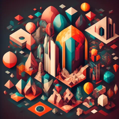 a digital illustration of a building surrounded by geometric shapes