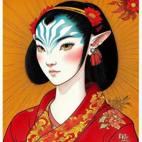 Avatar Style, masterpiece, best quality, ultra-detailed, cartoon style woman, cute art style, bikini, beach, cute, sunset, looki...
