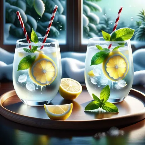 there are two glasses of water with lemon slices and mint leaves