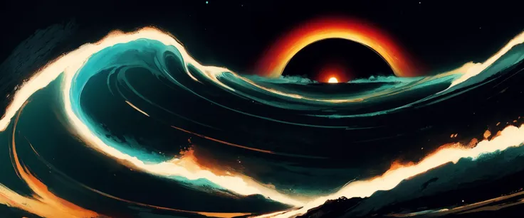 a close up of a wave with a black hole in the background