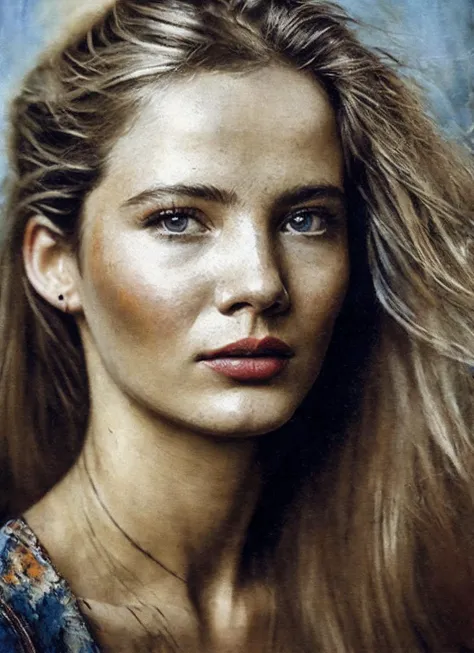 a close up of a woman with long hair and a blue dress