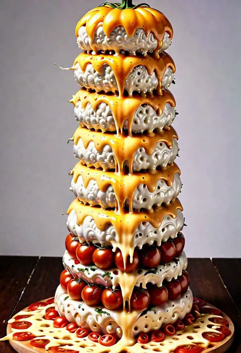 a close up of a pizza tower with cheese and tomatoes