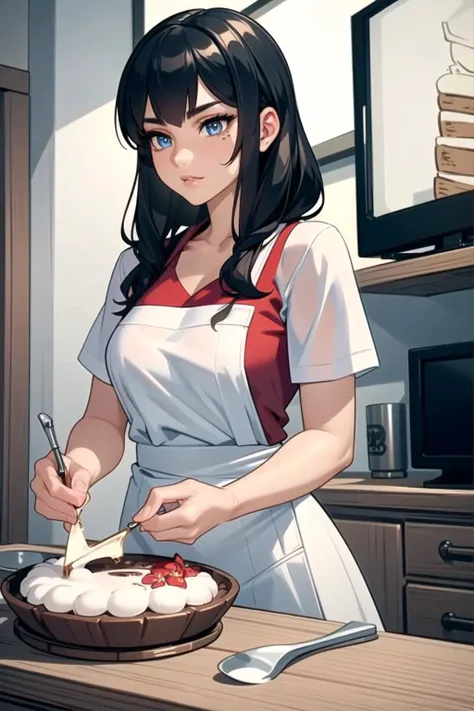 anime girl in apron preparing a dessert in a kitchen