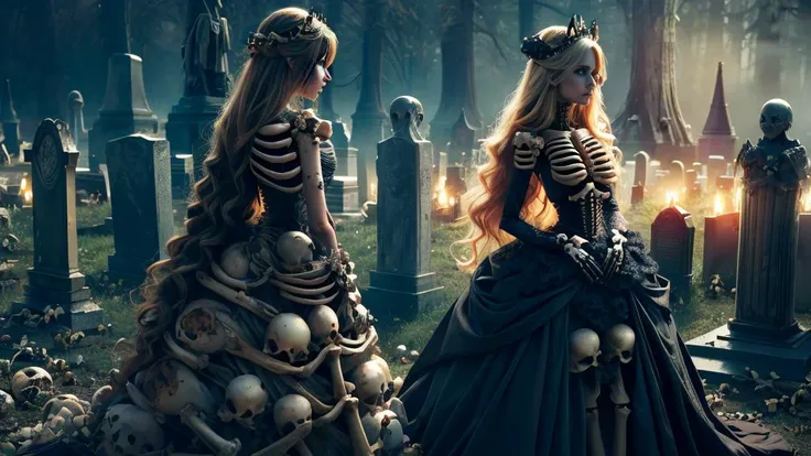 two women in gothic costumes standing in a cemetery with skulls