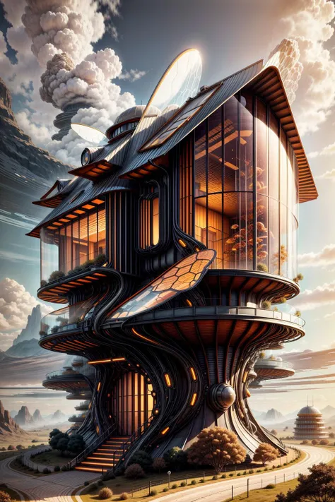 a futuristic house with a spiral staircase going up to the roof