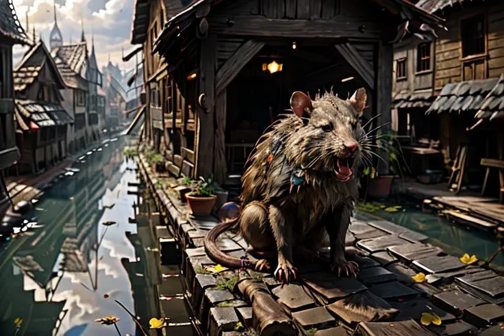 <lora:RPGGiantRat:1> giant rat, open mouth, ((full body shot)), in a medieval town, <lora:AllOldRPGArtS1_1990s_V1.01_LoRA:0.4> a...