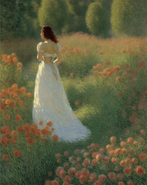 painting of a woman in a white dress in a field of flowers