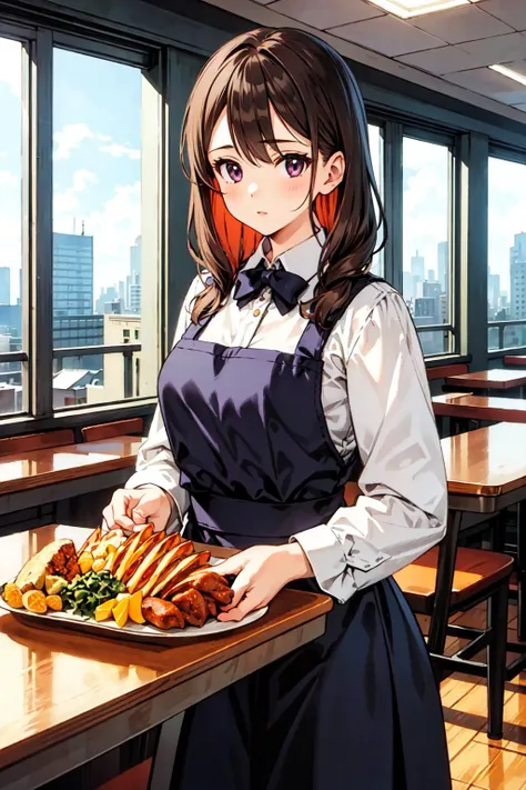 anime girl holding a plate of food in a restaurant