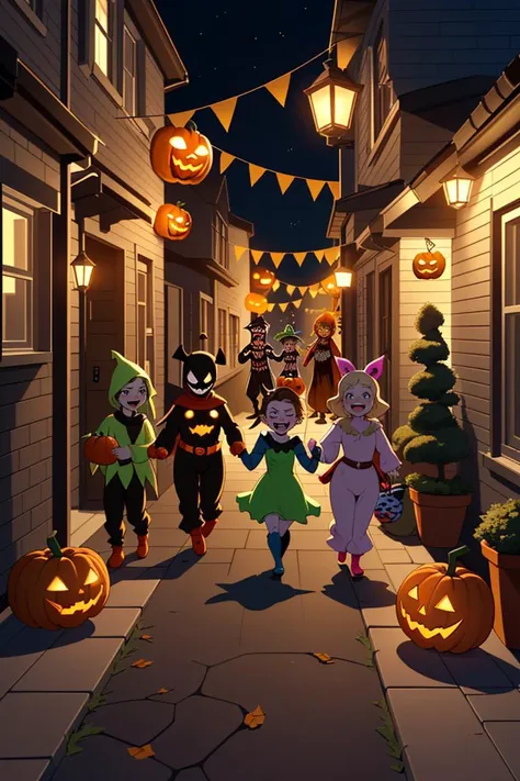 A group of kids is trick-or-treating in a neighborhood. They are wearing costumes of their favorite characters, such as superher...