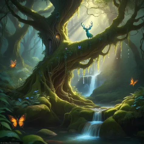 a painting of a deer standing on a tree in a forest