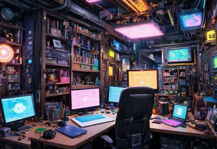 there is a room with a lot of computers and a lot of books