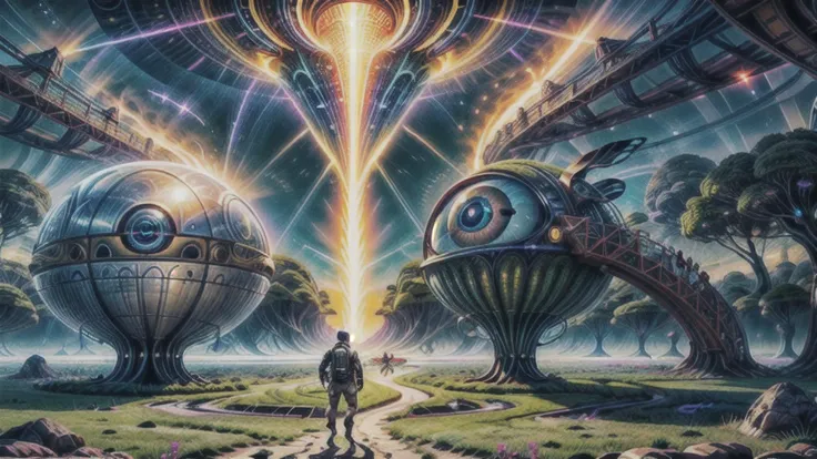 a painting of a man standing in front of a giant alien spaceship