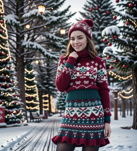 a woman in a red and green sweater and skirt standing in the snow