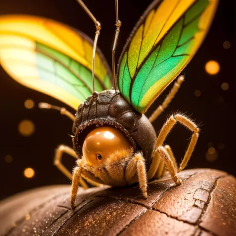 a close up of a fly with a green and yellow wing