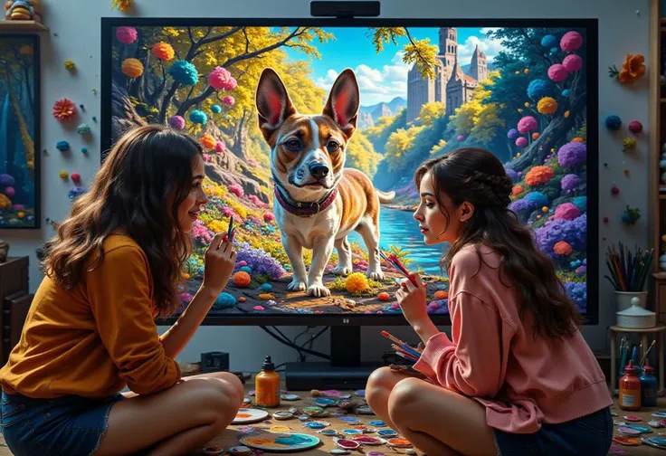 fantasy art, two young lovely women paint a dog on a large computer monitor with brushes, paints lying next to them, sunny, hype...