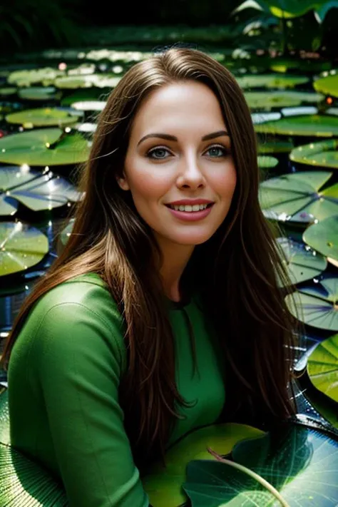 a realistic photograph of beautiful(Wh1tn3y:1.1) woman as a (winged forest fairy:1.2),(sitting on a lily pad:1.4),smiling,light,...