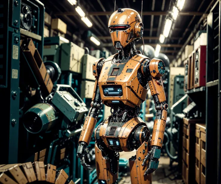 a close up of a robot in a warehouse with other machines