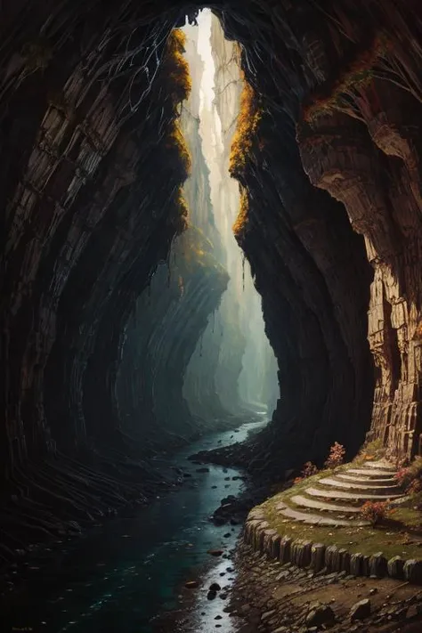 a painting of a cave with a river running through it