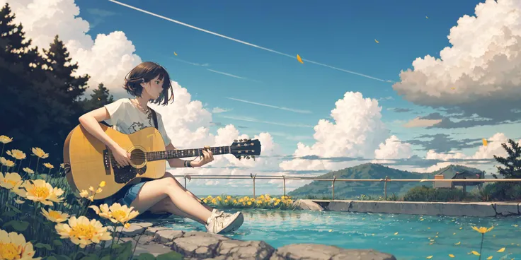 anime girl sitting on a rock playing guitar by the water