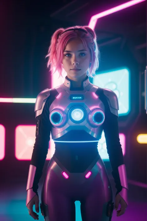 a woman in a futuristic suit standing in front of neon lights