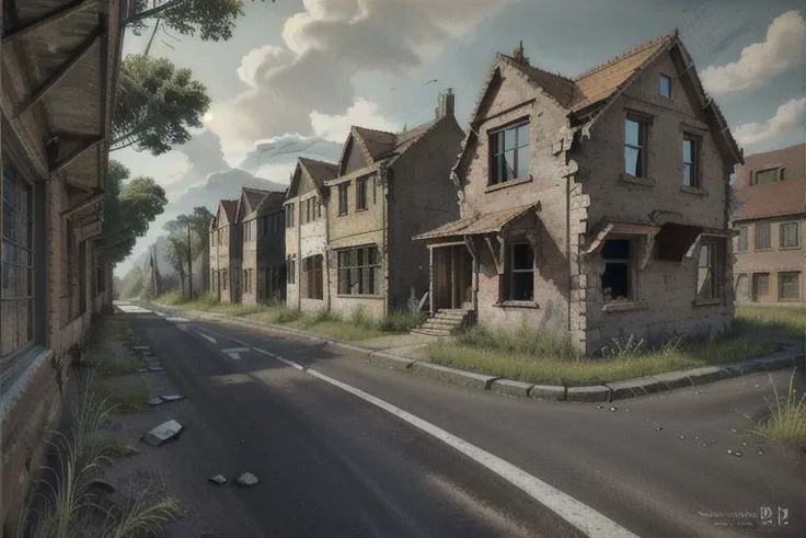 painting of a street with a row of old houses on the side of it