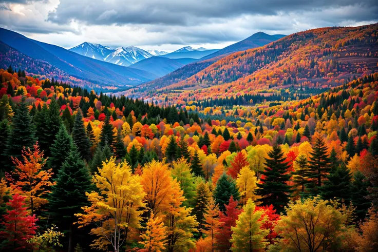 a view of a valley with trees and mountains in the background