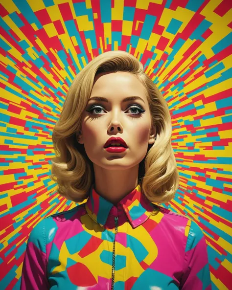 a woman with blonde hair and bright shirt in front of a colorful background