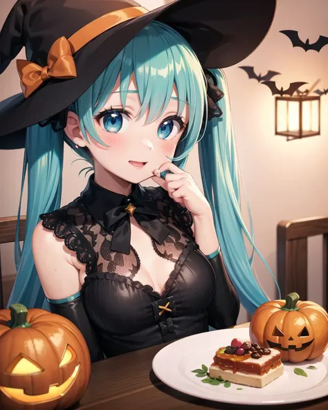 1girl, solo, sitting, table, food,
hatsune miku,
halloween, halloween costume, happy halloween, pumpkin,