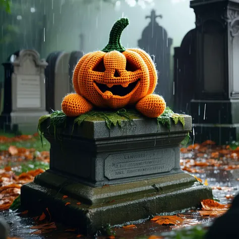 amigurumi toy of a halloween pumpkin, with a big smile, resting over the stone of tomb in a victorian cementery in the rain.