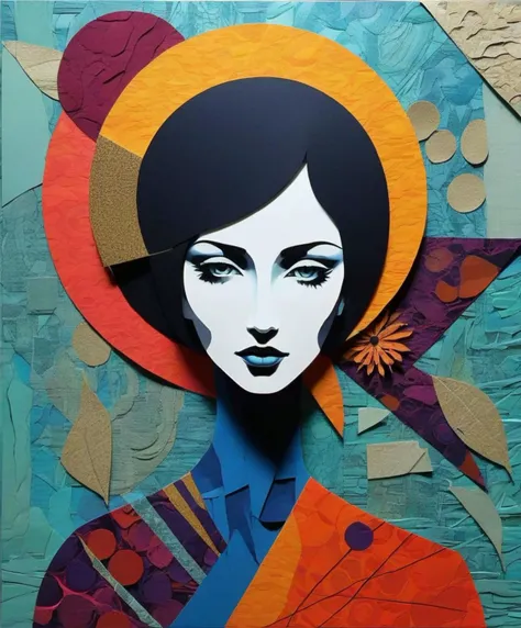 gorgeous mysterious woman, papercut collage, mixed media, textured paper, overlapping, asymmetrical, abstract, vibrant,