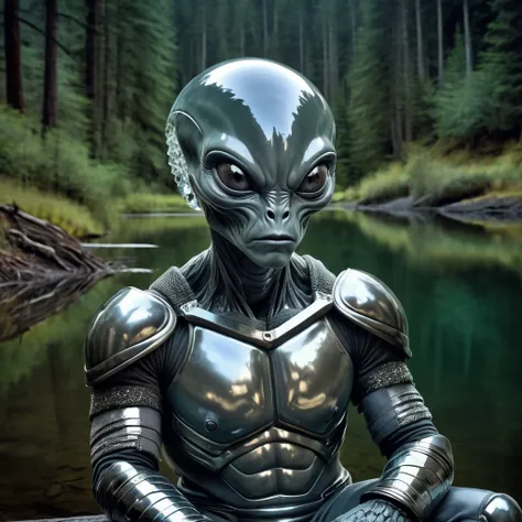 alien man in armor sitting on a rock by a lake