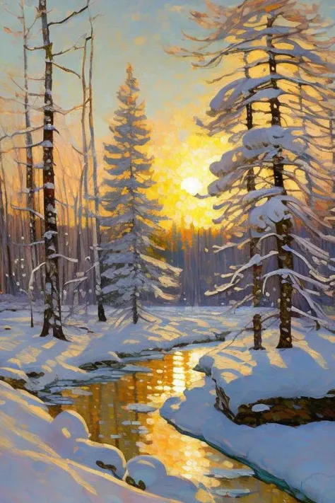 a dynamic painting of a snowy scene with a gleam of sunlight falling on trees and an icy lake in the impressionist style of <lor...