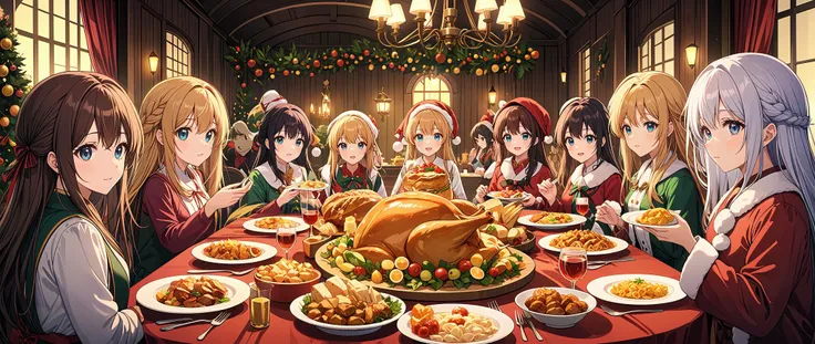 a group of girls sitting around a table with plates of food