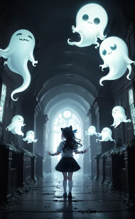 a woman in a dress standing in a hallway with ghost lights