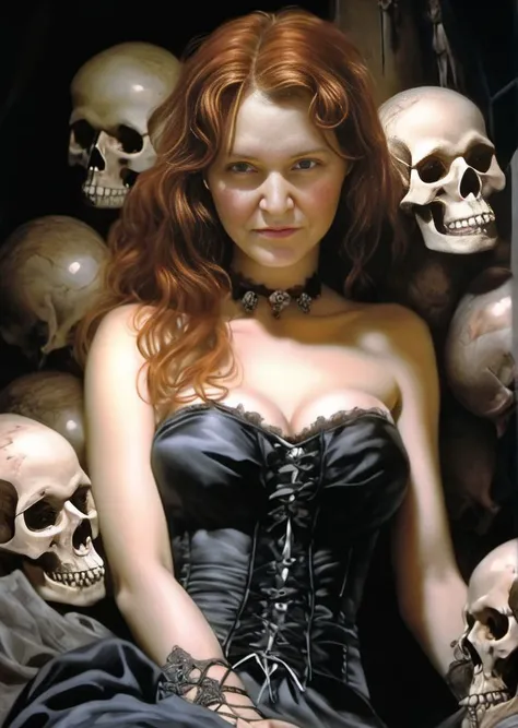 a close up of a woman in a dress sitting in front of a pile of skulls