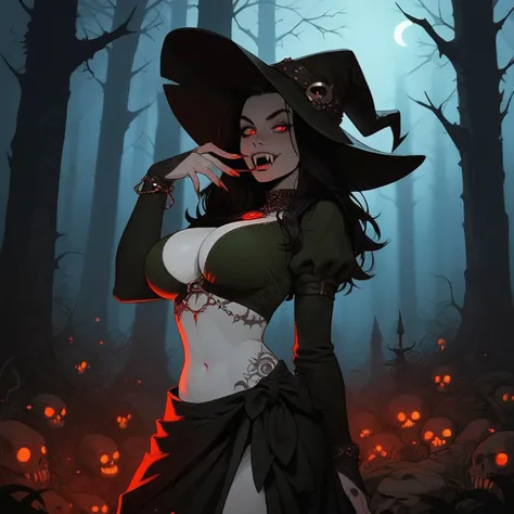 witch in a forest with skulls and pumpkins